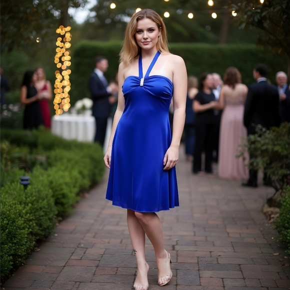 B. Wear Too ✦ Blue Halter Mini Dress ✦ Crystal Accent w/ Satin Glow & Ruffle Hem - Picture 2 of 13